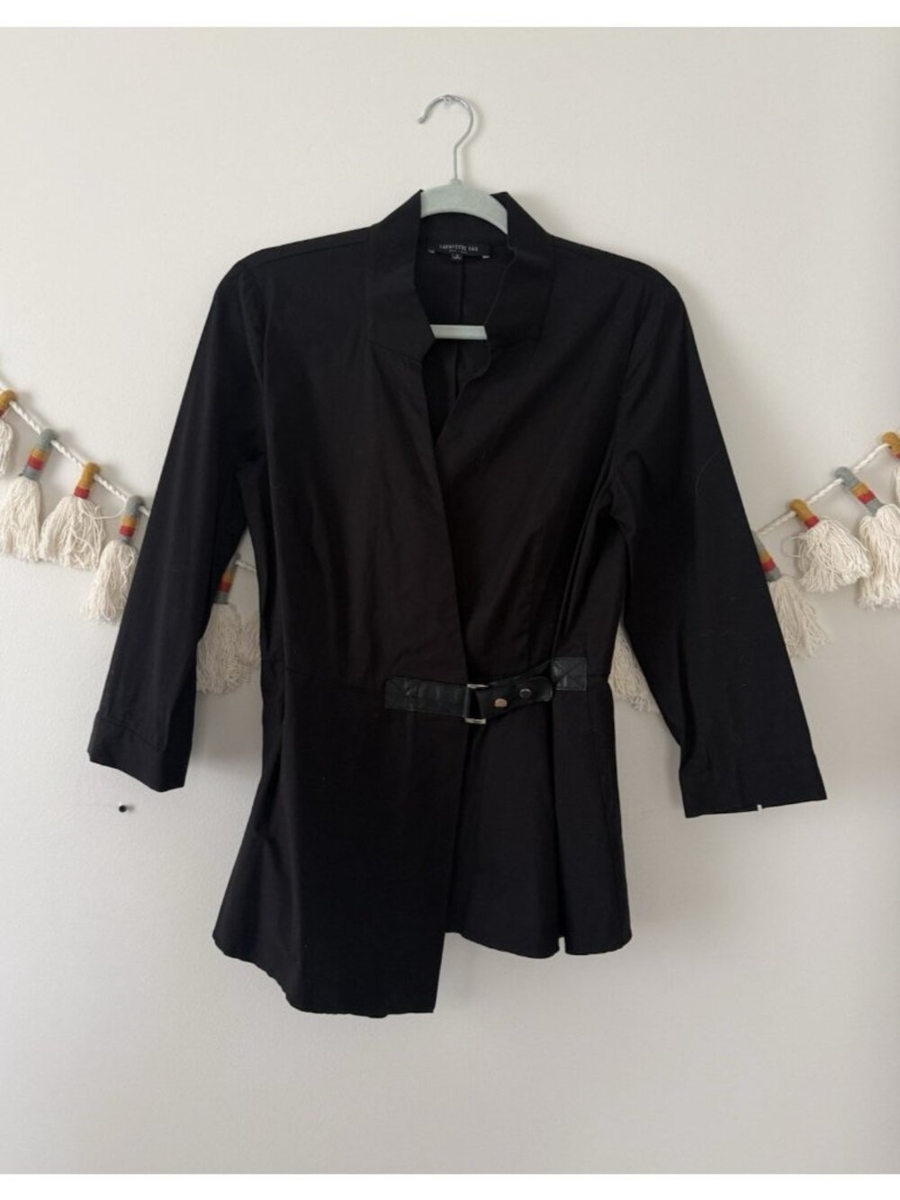 Lafayette 148 Asymmetric Wrap Buckle Belted 3/4 Sleeve Top Minimalist Modest 4